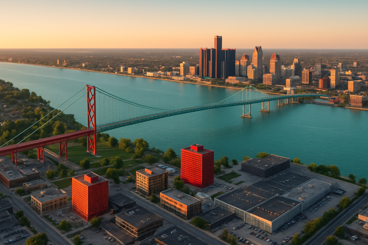Windsor Ontario startup ecosystem aerial Detroit River Ambassador Bridge cross-border manufacturing automotive technology