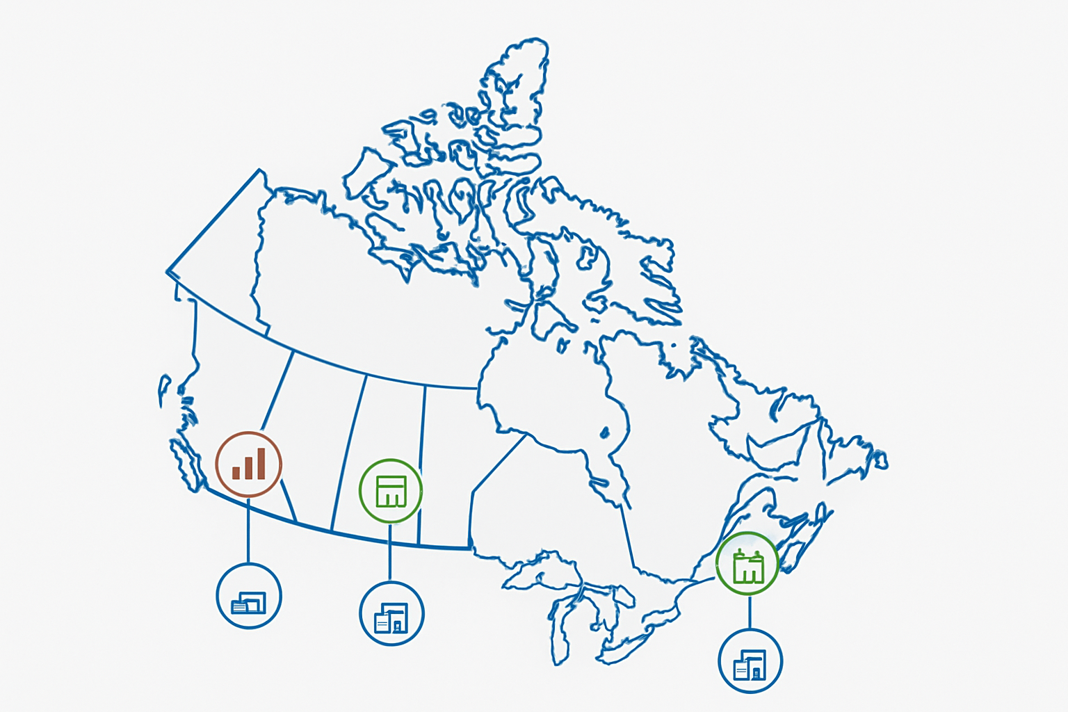 Map-style illustration showing Canadian startup accelerators and incubators by major city in 2026.